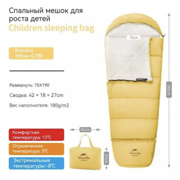 Спальный мешок Naturehike C180 (190x75см), желтый во Владимире