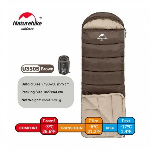Спальный мешок Naturehike U350S (Левый), коричневый во Владимире